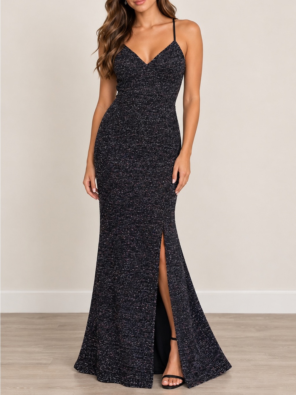 Fame and Partners Black Shimmer Maxi Gown Dress Long Silver Purple Sparkle Prom